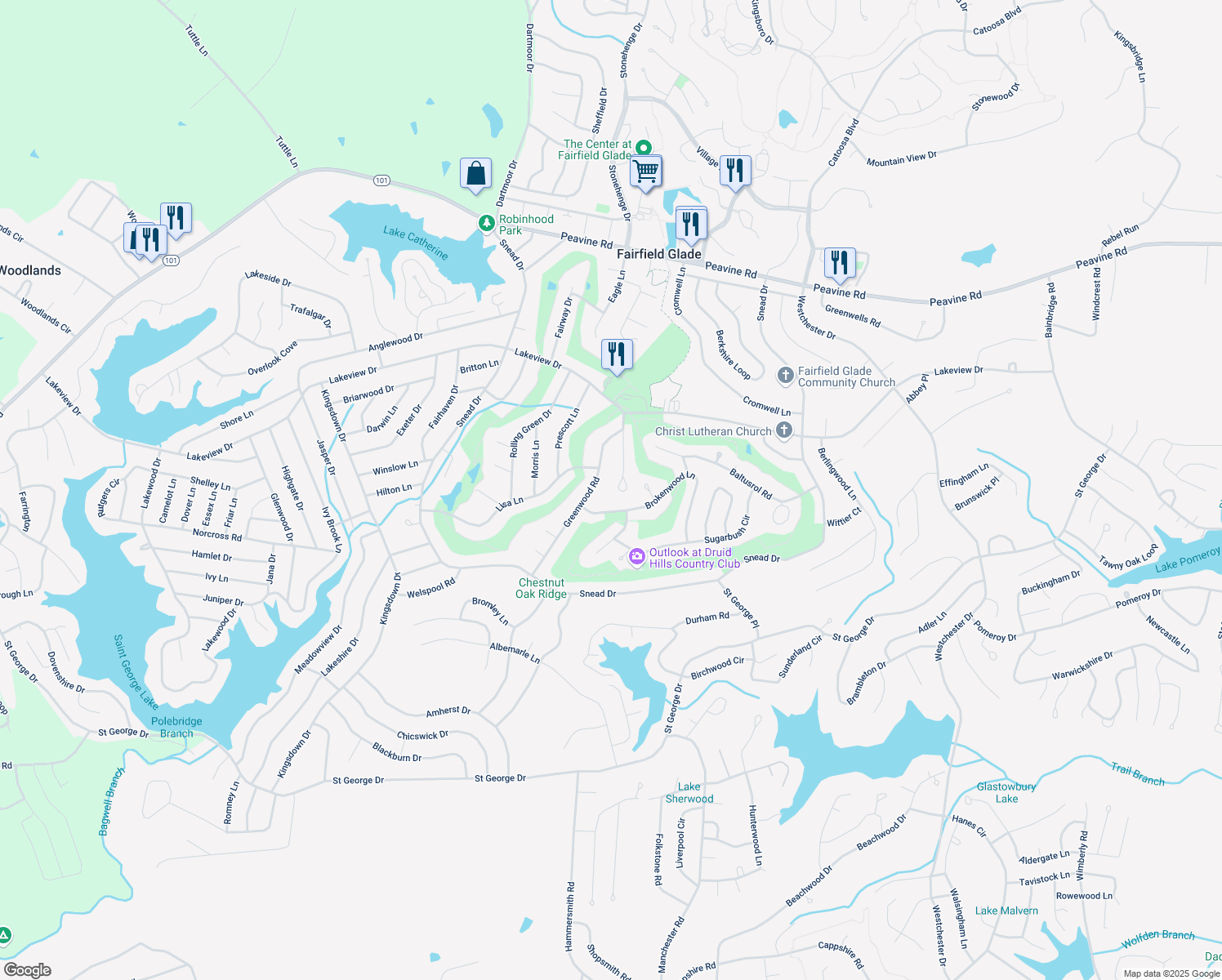 map of restaurants, bars, coffee shops, grocery stores, and more near 127 Greenwood Road in Crossville