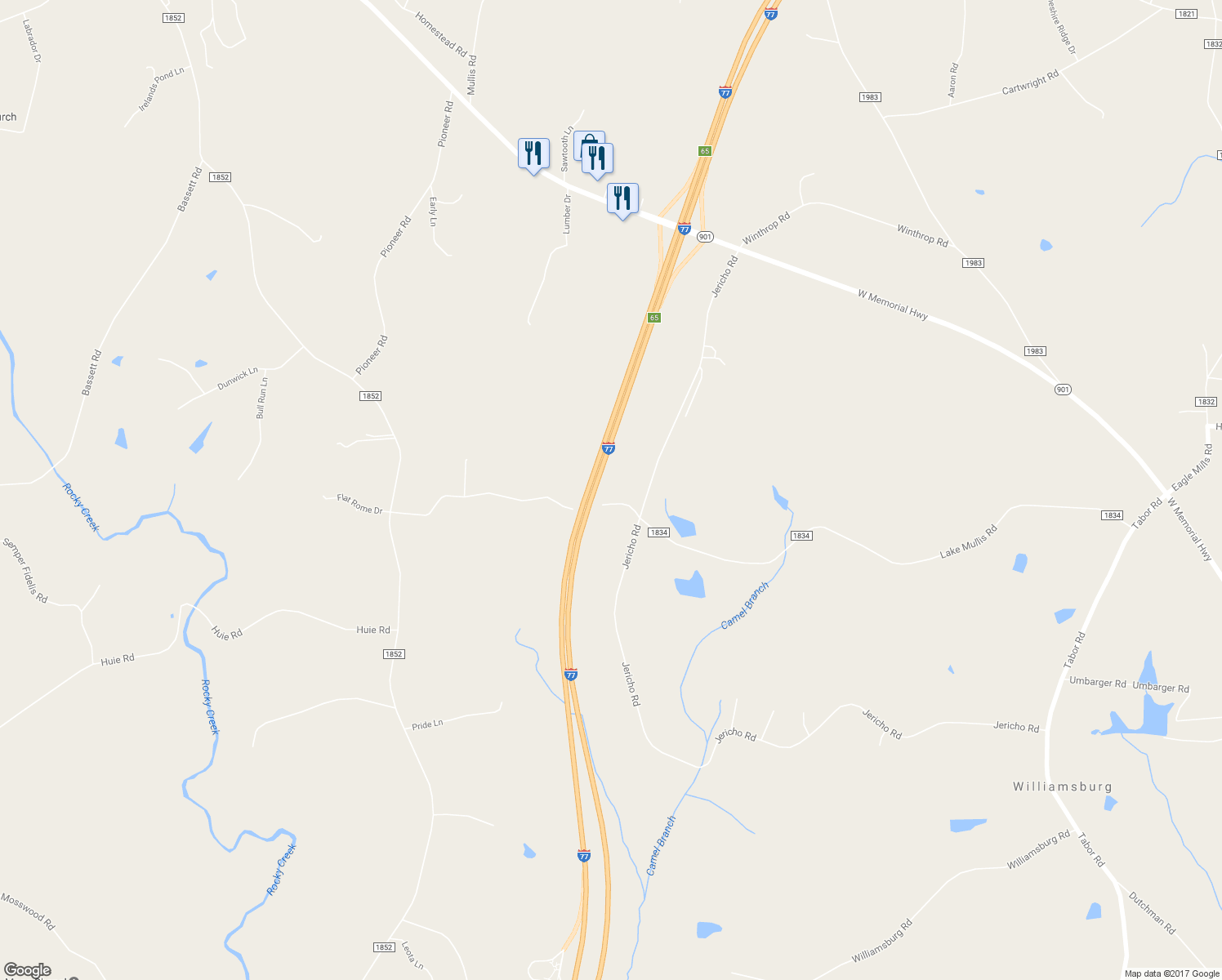 map of restaurants, bars, coffee shops, grocery stores, and more near 537 Lake Mullis Road in Harmony