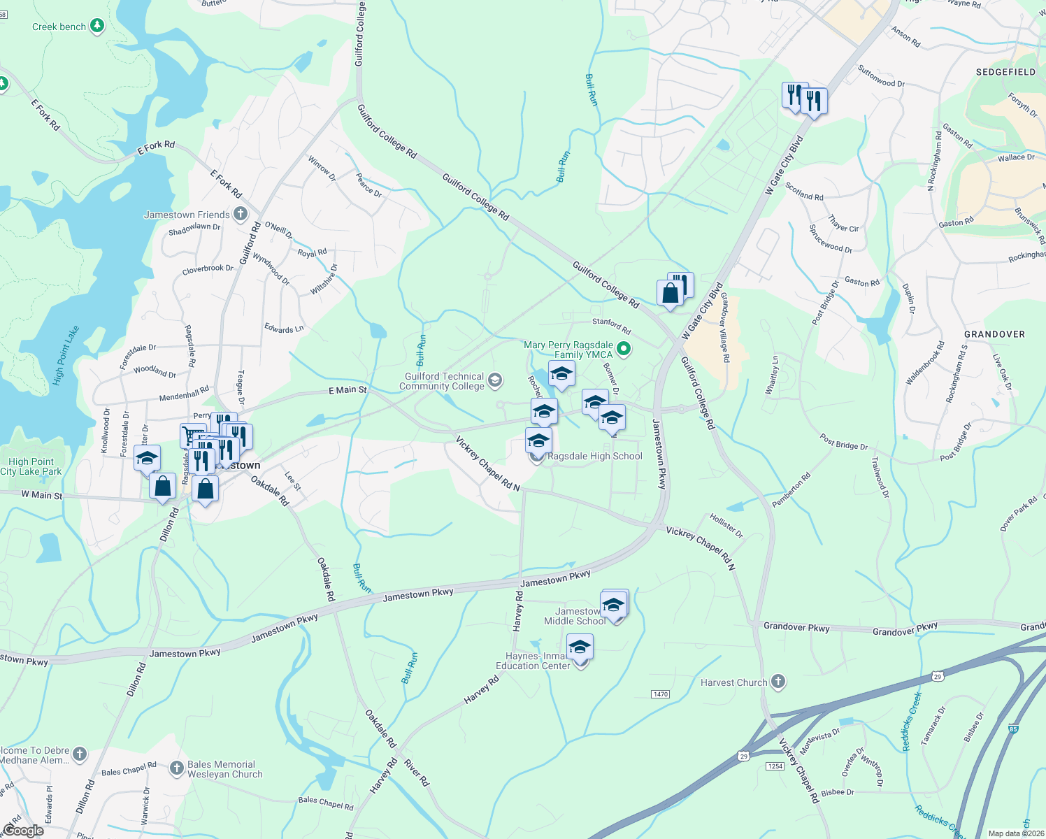 map of restaurants, bars, coffee shops, grocery stores, and more near 618 High Point Rd in Jamestown