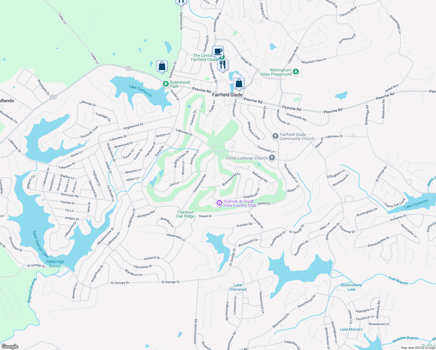 map of restaurants, bars, coffee shops, grocery stores, and more near 29 Druid Circle in Crossville
