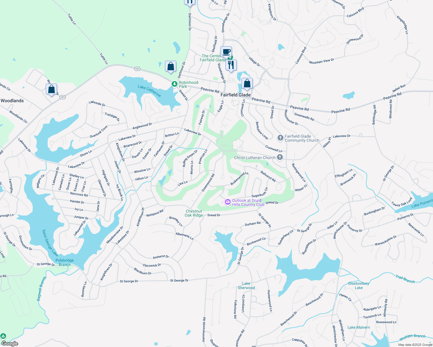 map of restaurants, bars, coffee shops, grocery stores, and more near 127 Greenwood Road in Crossville