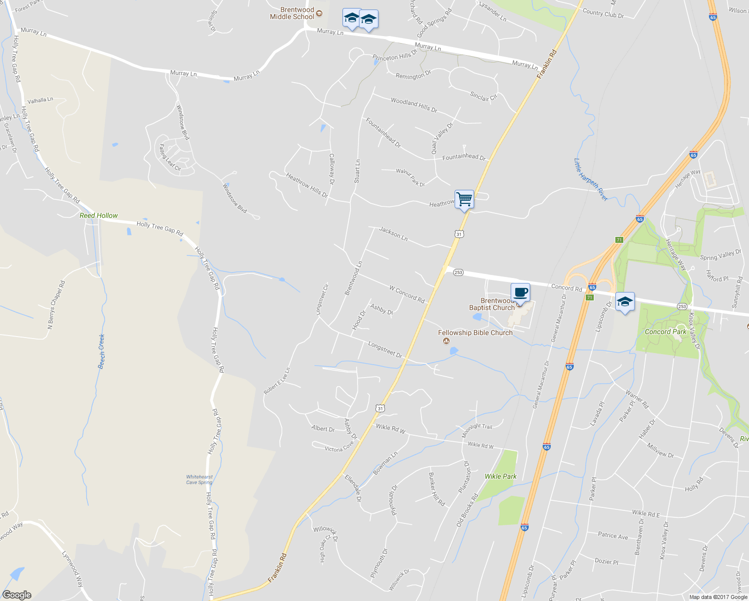 map of restaurants, bars, coffee shops, grocery stores, and more near 5016 Ashby Drive in Brentwood