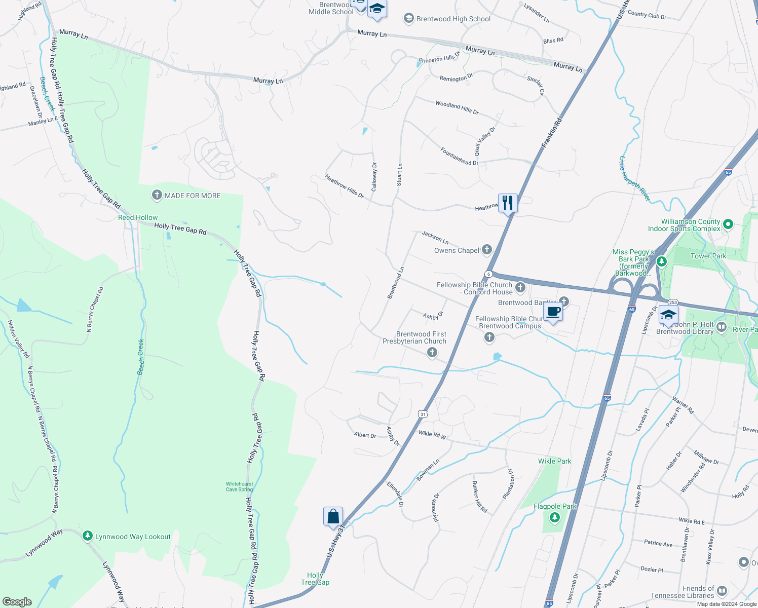 map of restaurants, bars, coffee shops, grocery stores, and more near 1209 Brentwood Lane in Brentwood