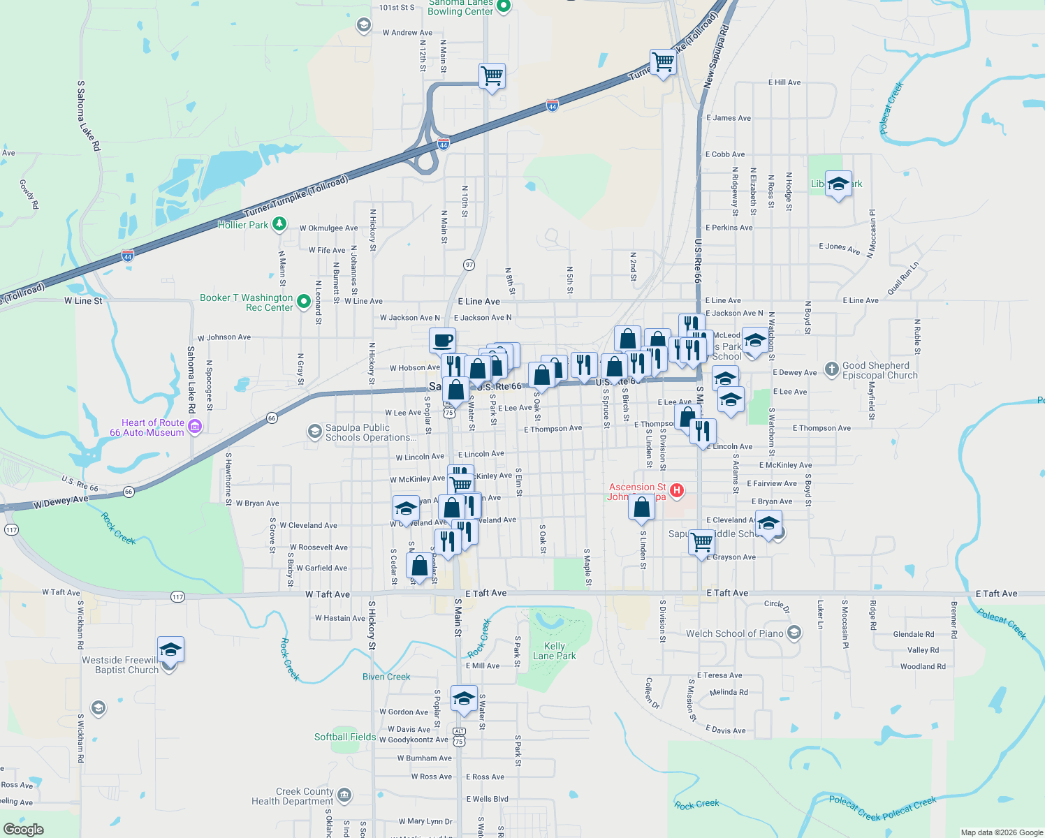 map of restaurants, bars, coffee shops, grocery stores, and more near 115 S Elm St in Sapulpa