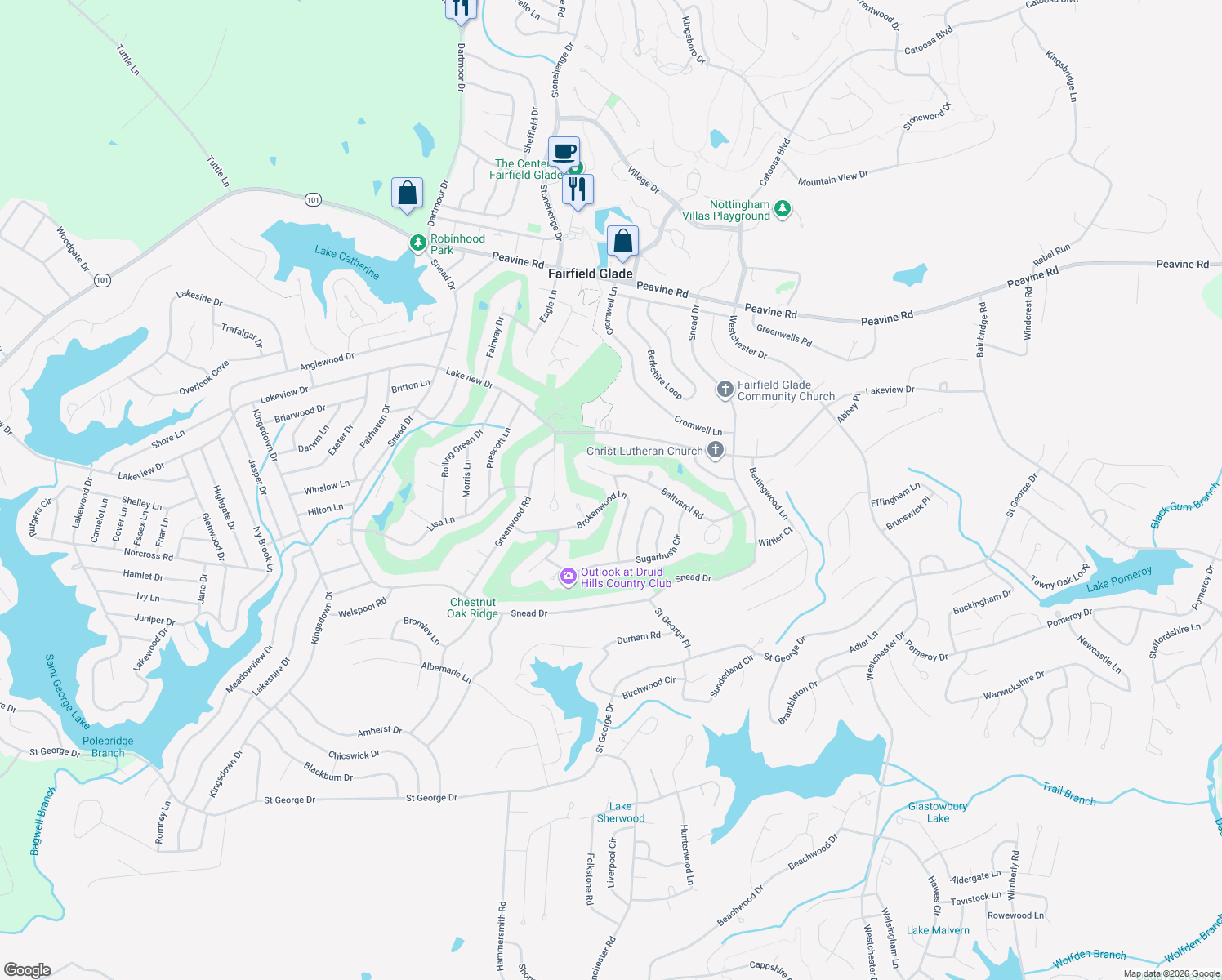 map of restaurants, bars, coffee shops, grocery stores, and more near 104 Kenilworth Lane in Crossville