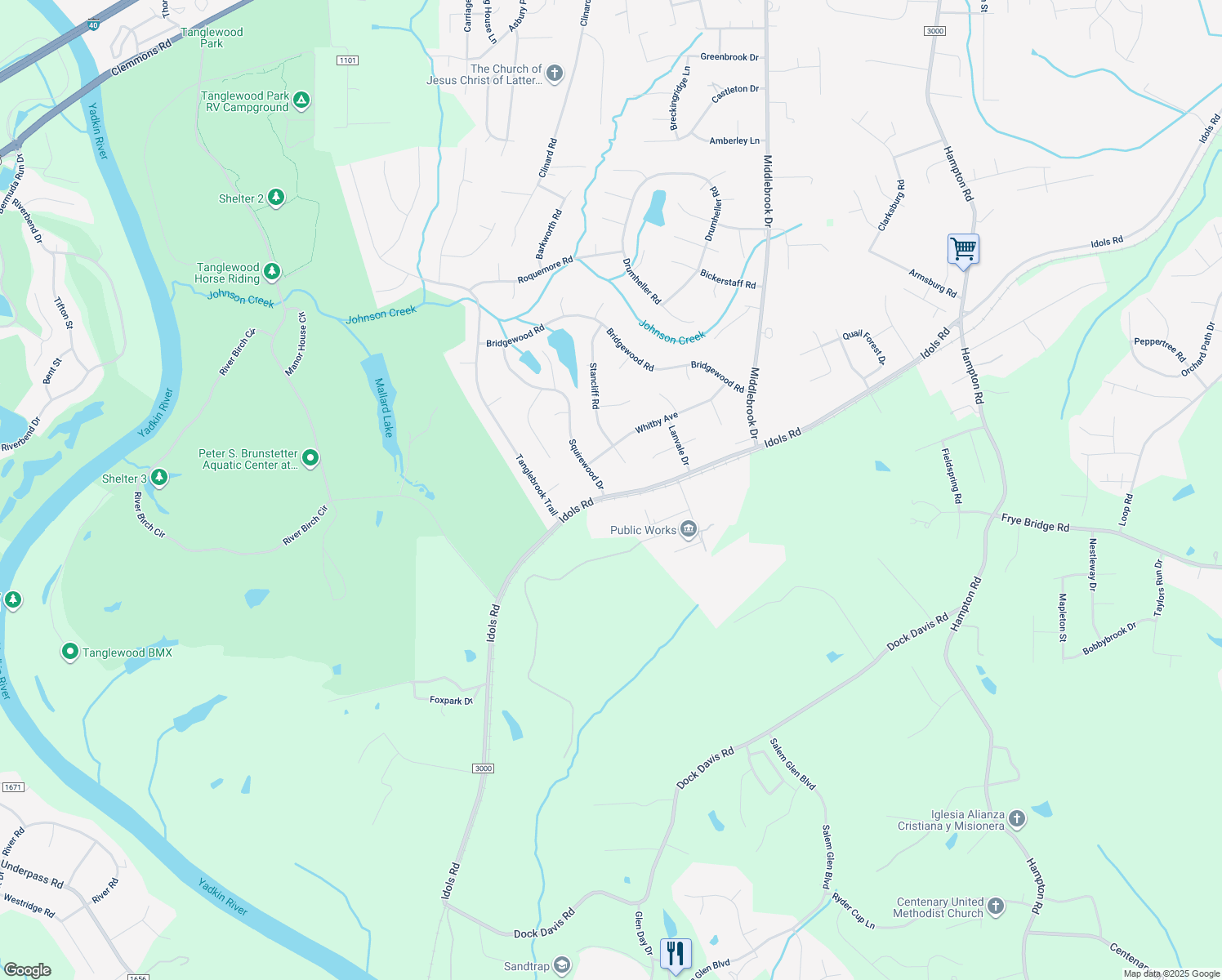 map of restaurants, bars, coffee shops, grocery stores, and more near 3791 Squirewood Drive in Clemmons