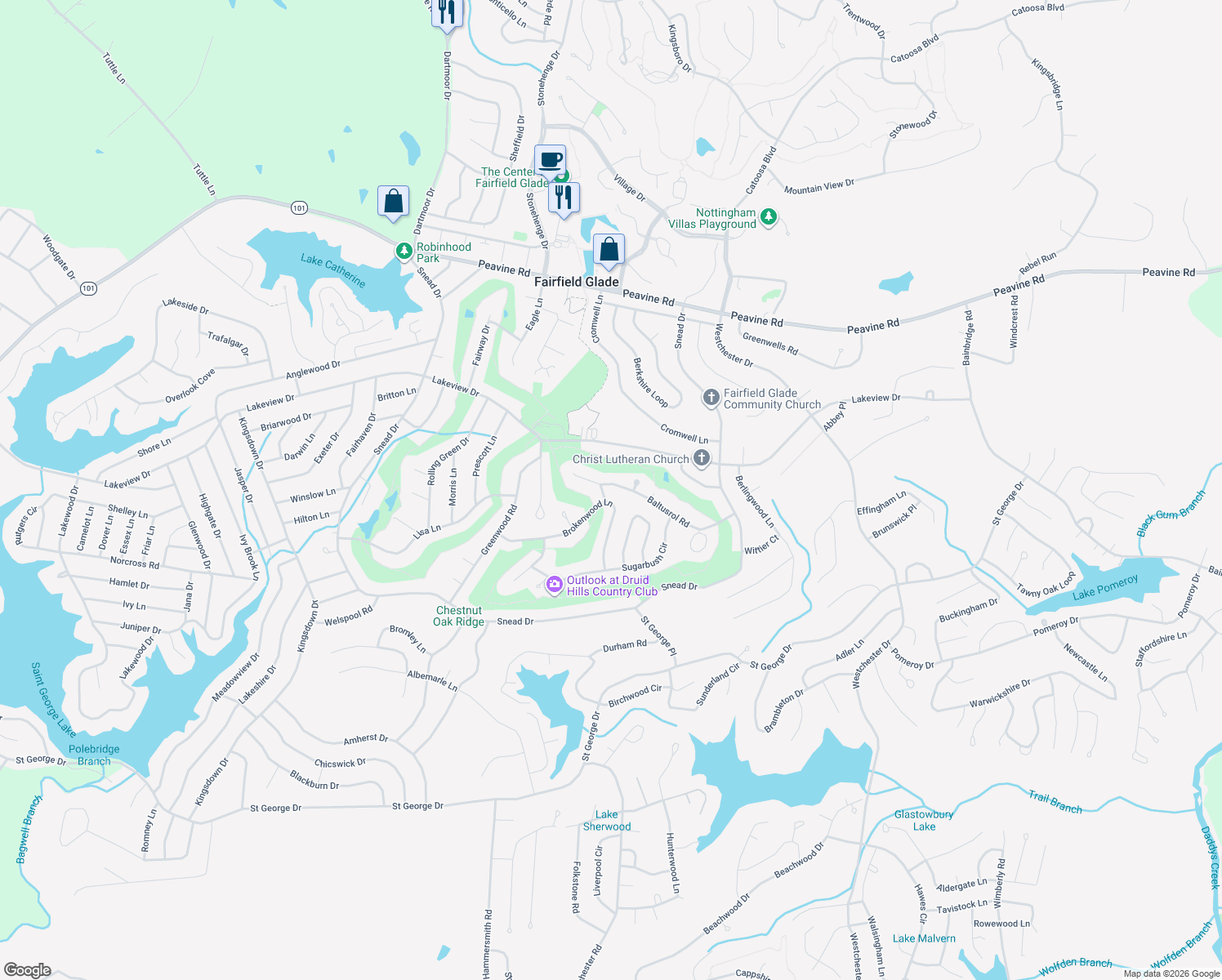 map of restaurants, bars, coffee shops, grocery stores, and more near 104 Kenilworth Lane in Crossville