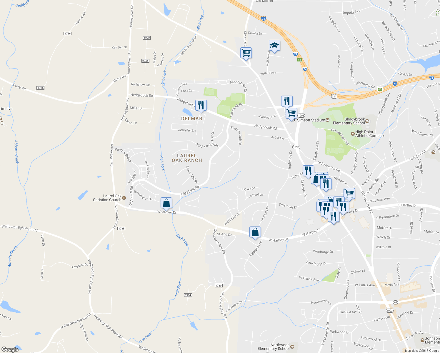 map of restaurants, bars, coffee shops, grocery stores, and more near 5711 Election Oak Drive in High Point