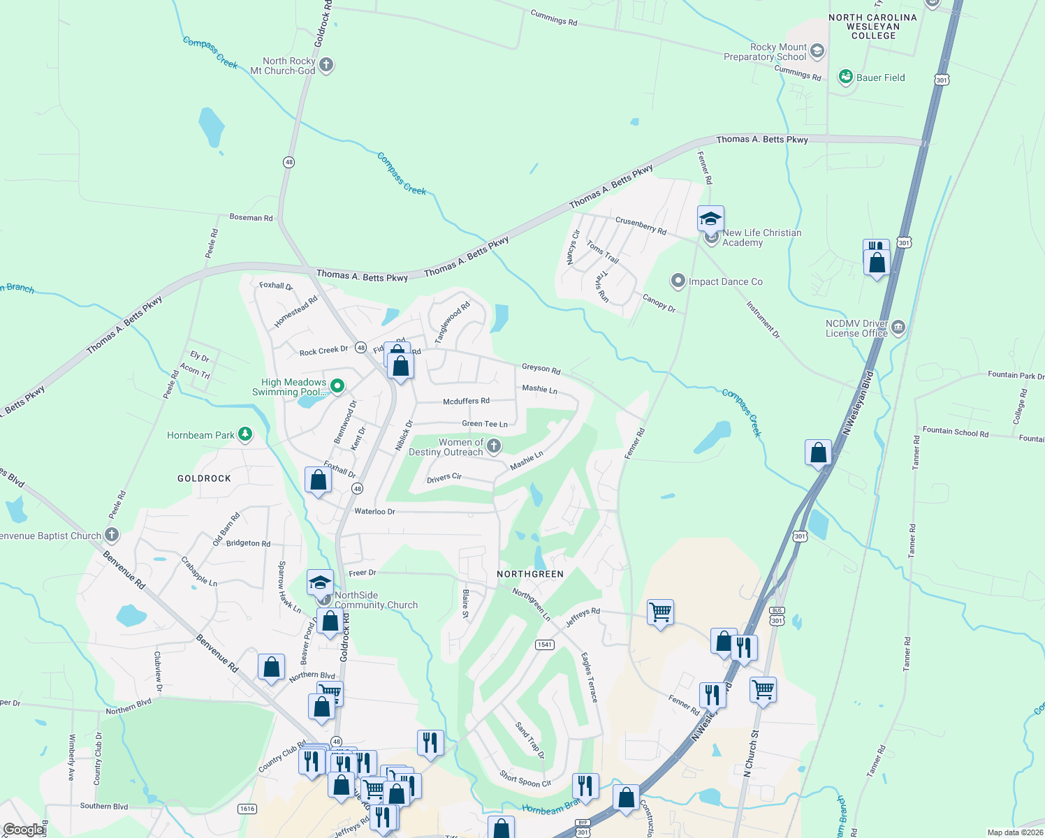 map of restaurants, bars, coffee shops, grocery stores, and more near 1217 Green Tee Lane in Rocky Mount
