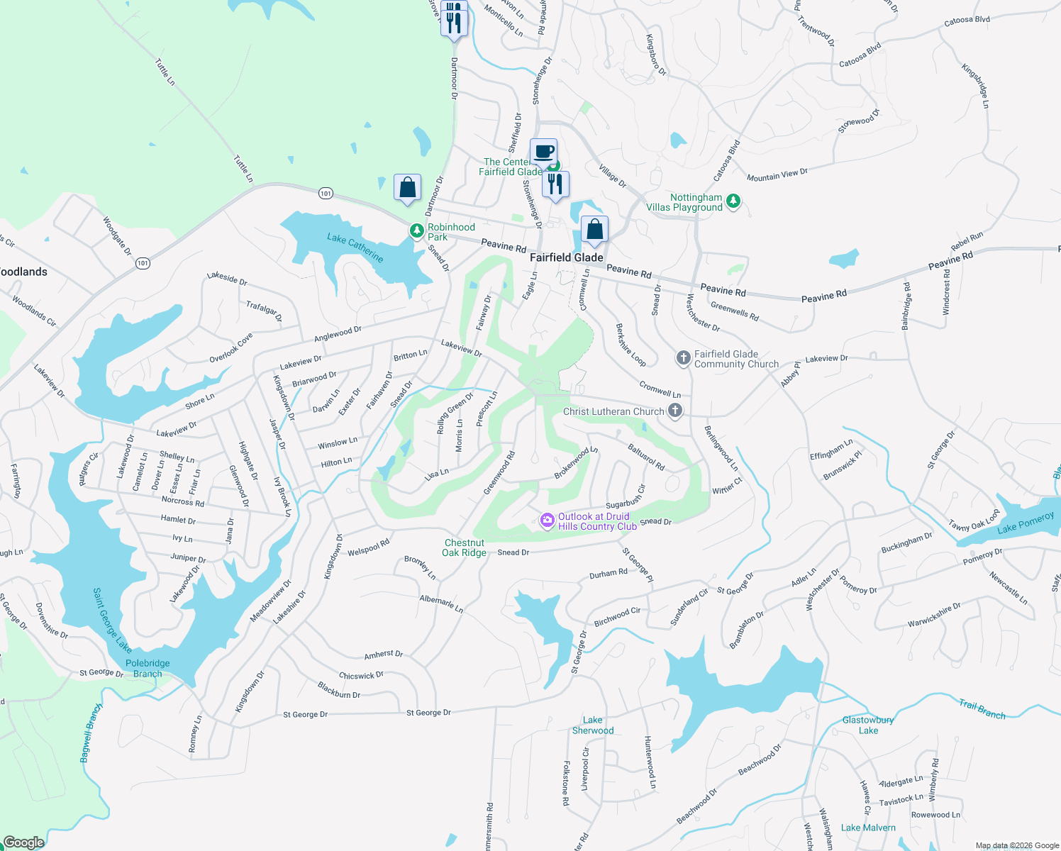 map of restaurants, bars, coffee shops, grocery stores, and more near 15 Druid Circle in Crossville