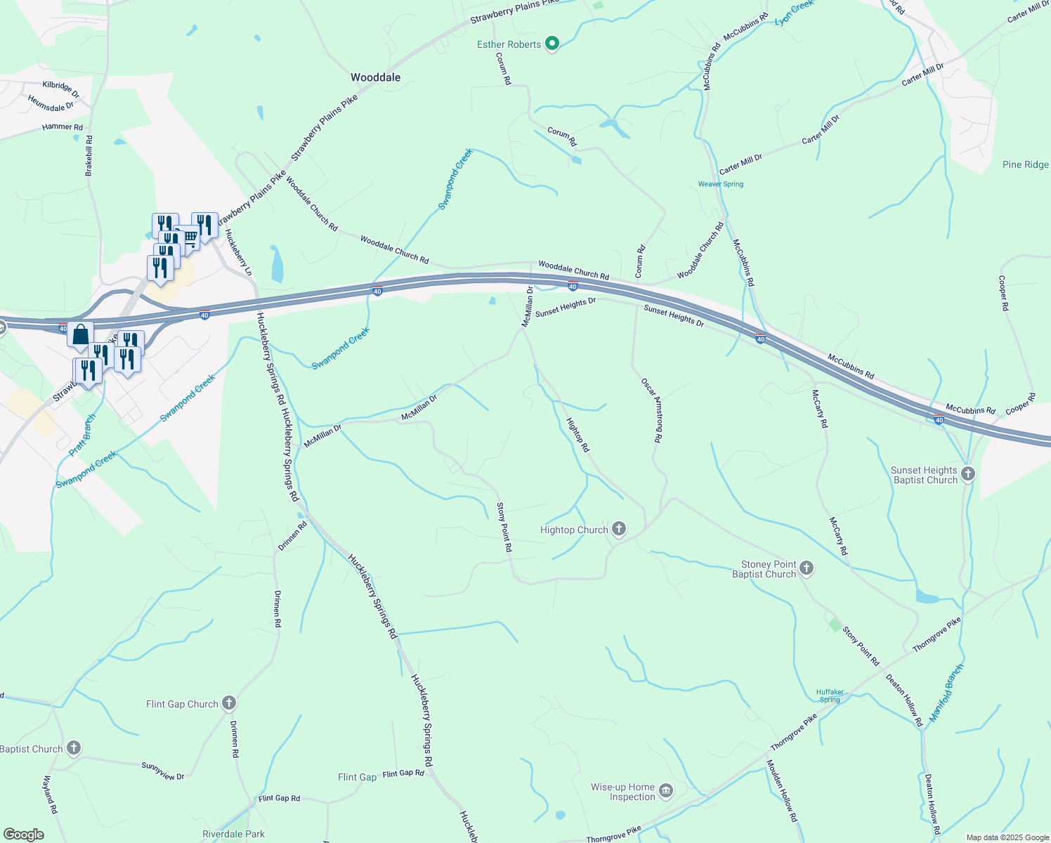 map of restaurants, bars, coffee shops, grocery stores, and more near 1501 Strawberry Hills Lane in Knoxville