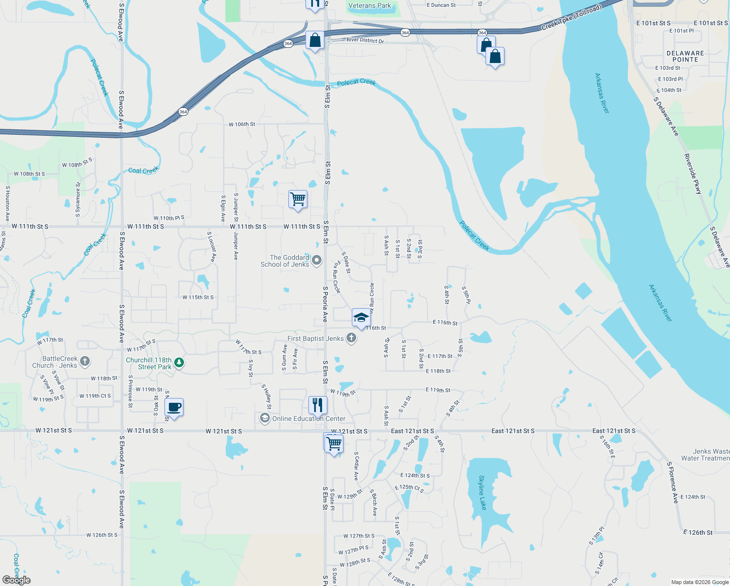 map of restaurants, bars, coffee shops, grocery stores, and more near 211 W 114th Ct in Jenks