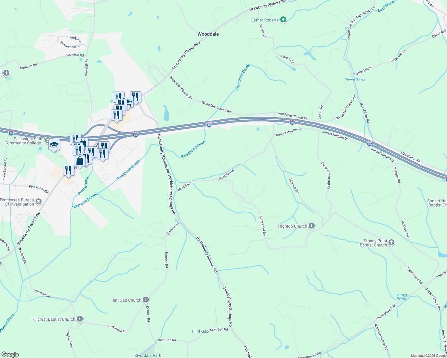map of restaurants, bars, coffee shops, grocery stores, and more near 7713 McMillan Drive in Knoxville
