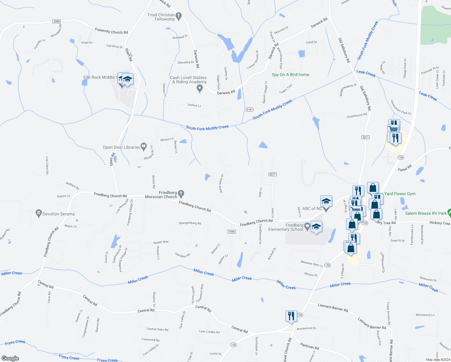 map of restaurants, bars, coffee shops, grocery stores, and more near 1985 Ironstone Court in Winston-Salem