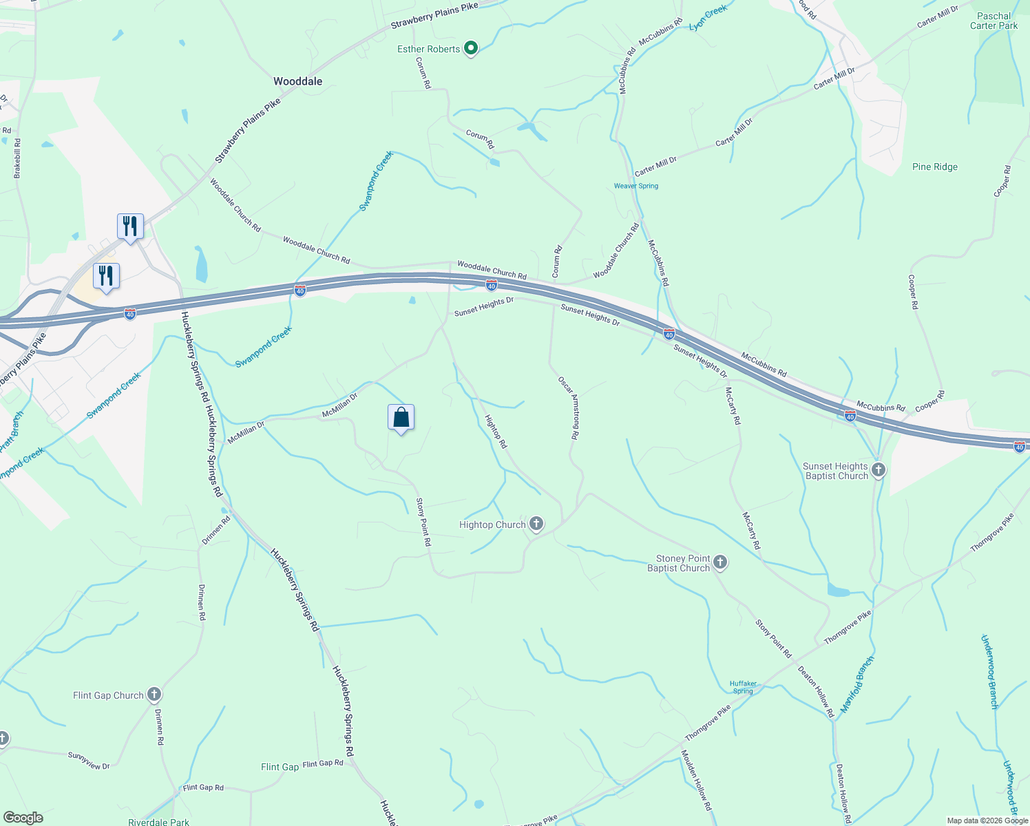 map of restaurants, bars, coffee shops, grocery stores, and more near 1520 Hightop Road in Knoxville