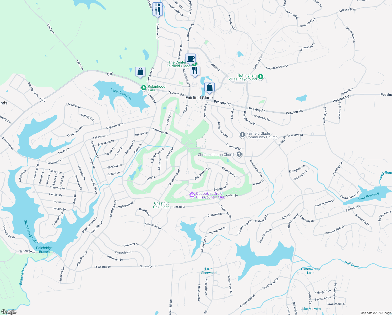 map of restaurants, bars, coffee shops, grocery stores, and more near 168 Baltusrol Road in Crossville