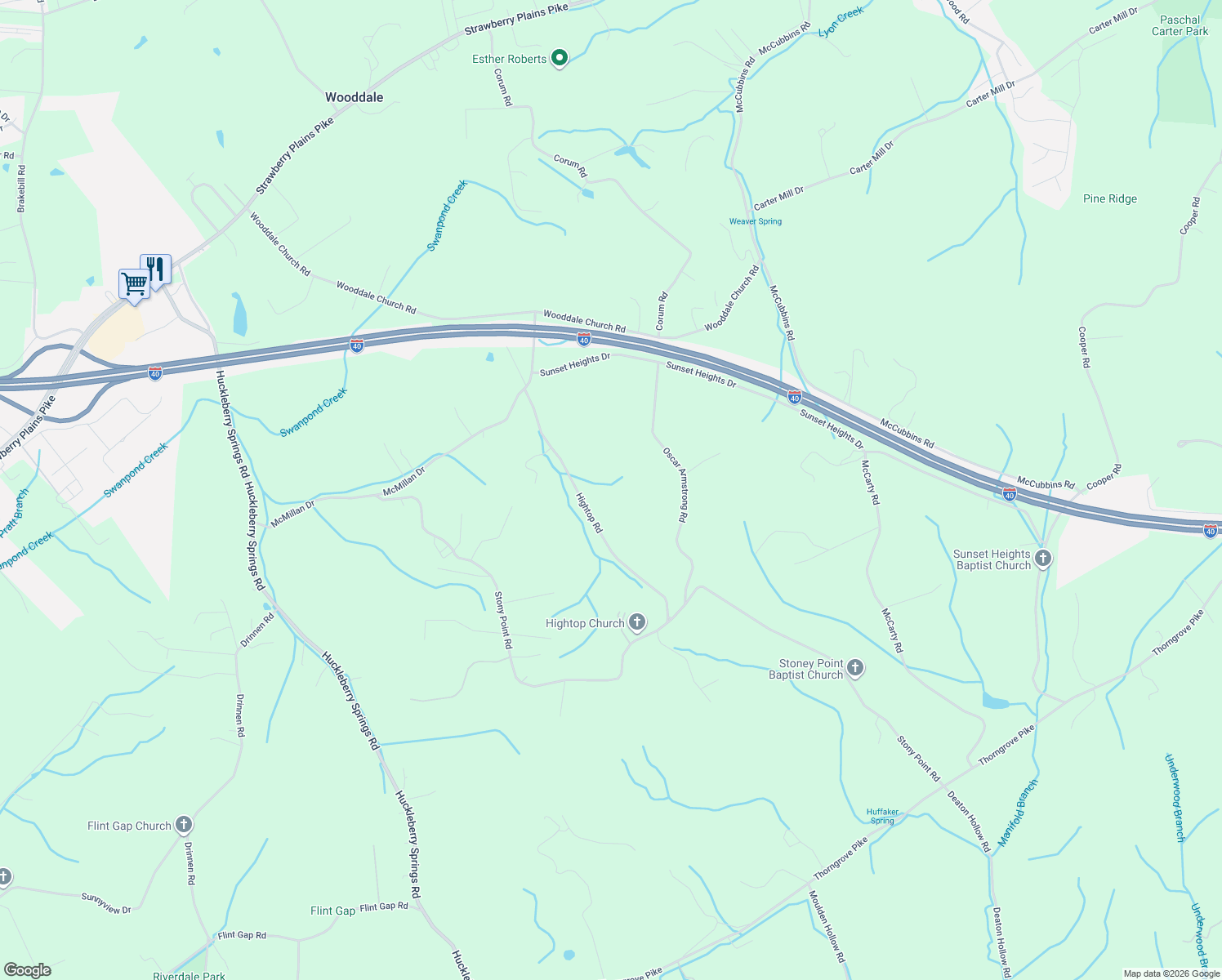 map of restaurants, bars, coffee shops, grocery stores, and more near 1520 Hightop Road in Knoxville