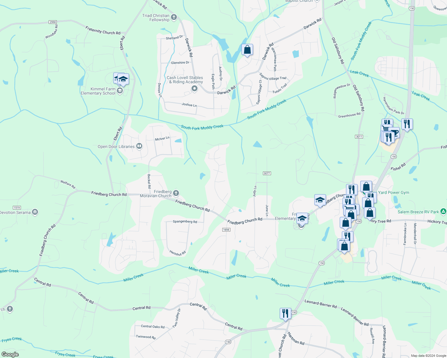 map of restaurants, bars, coffee shops, grocery stores, and more near 1955 Ironstone Court in Winston-Salem