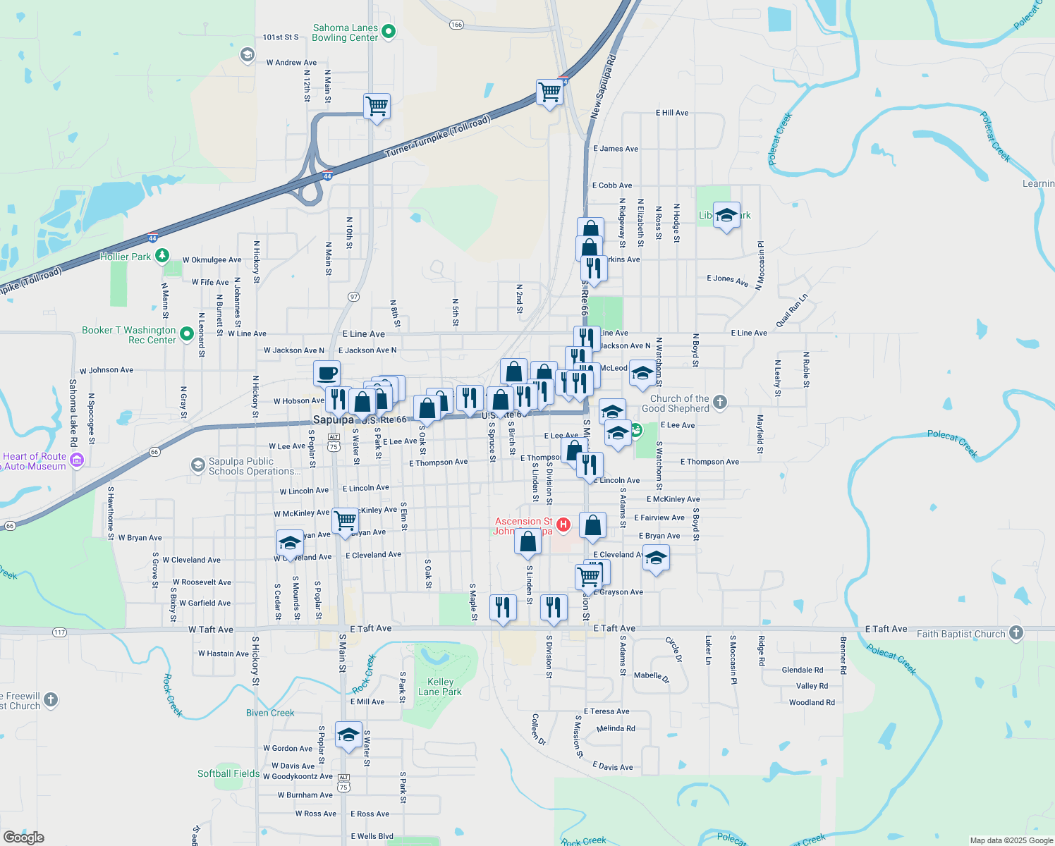 map of restaurants, bars, coffee shops, grocery stores, and more near 10 South Linden Street in Sapulpa