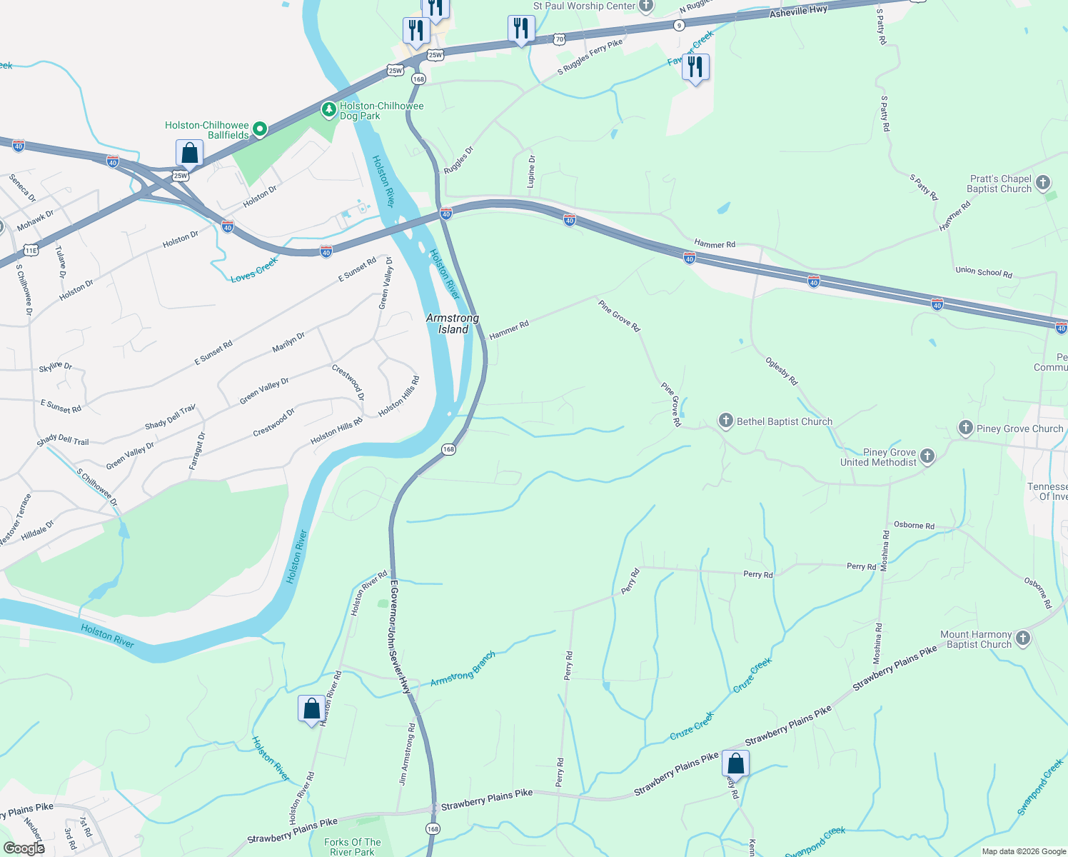 map of restaurants, bars, coffee shops, grocery stores, and more near 6236 Royal River Drive in Knoxville
