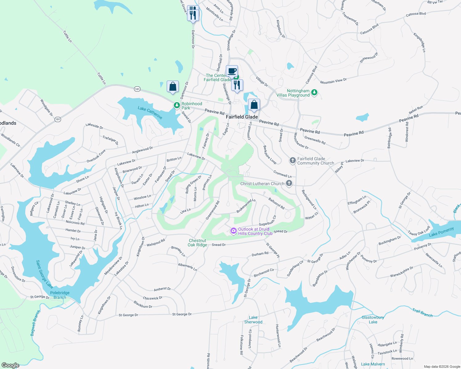 map of restaurants, bars, coffee shops, grocery stores, and more near 15 Druid Circle in Crossville