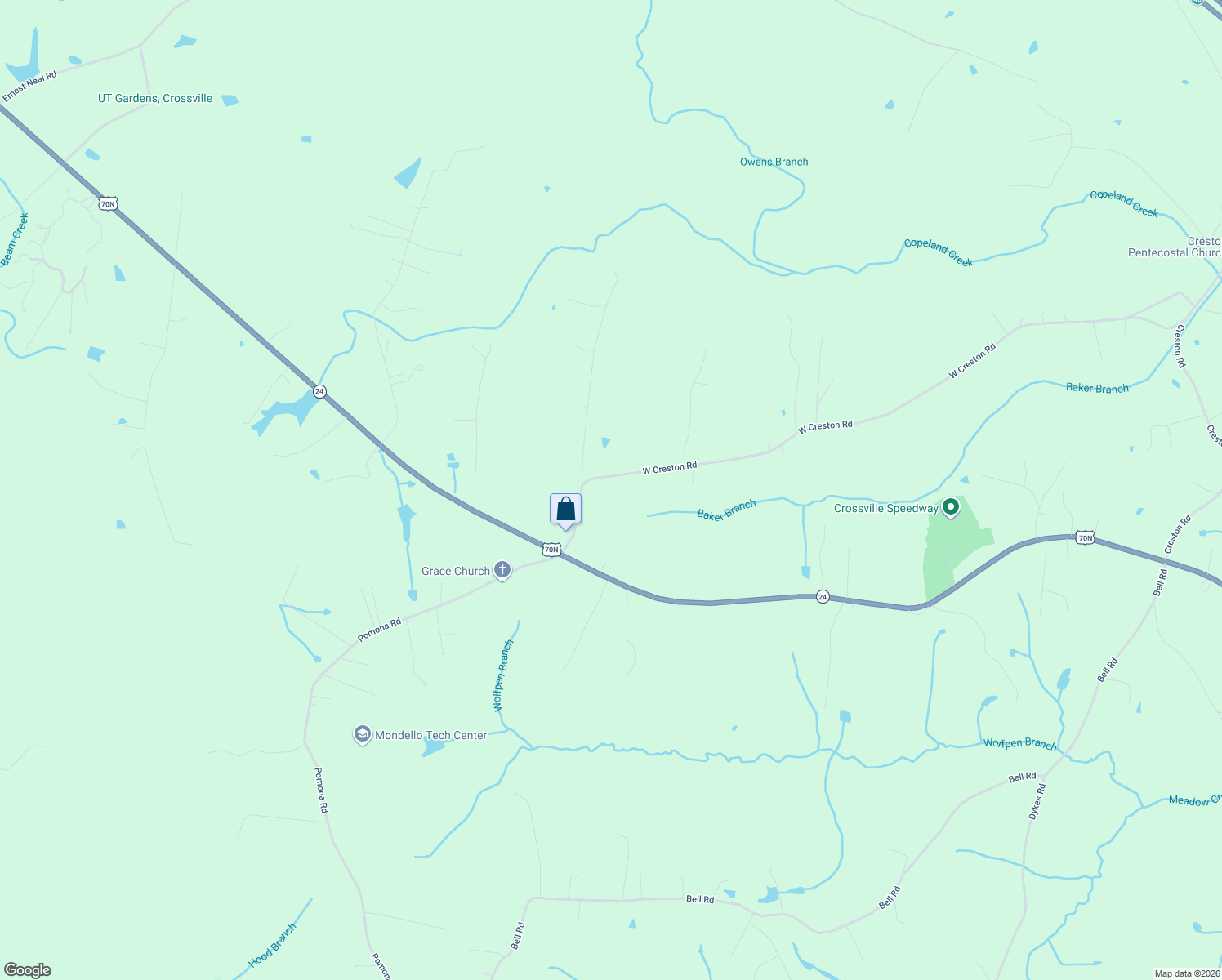 map of restaurants, bars, coffee shops, grocery stores, and more near 1883 W Creston Rd in Crossville