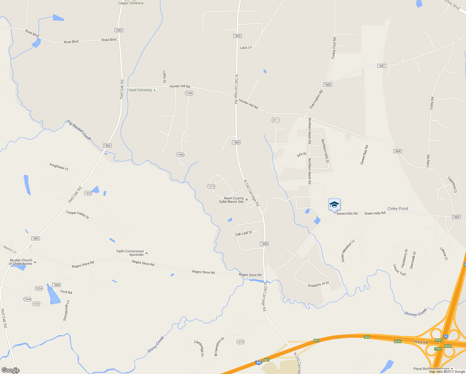 map of restaurants, bars, coffee shops, grocery stores, and more near 2053 Creekridge Drive in Rocky Mount