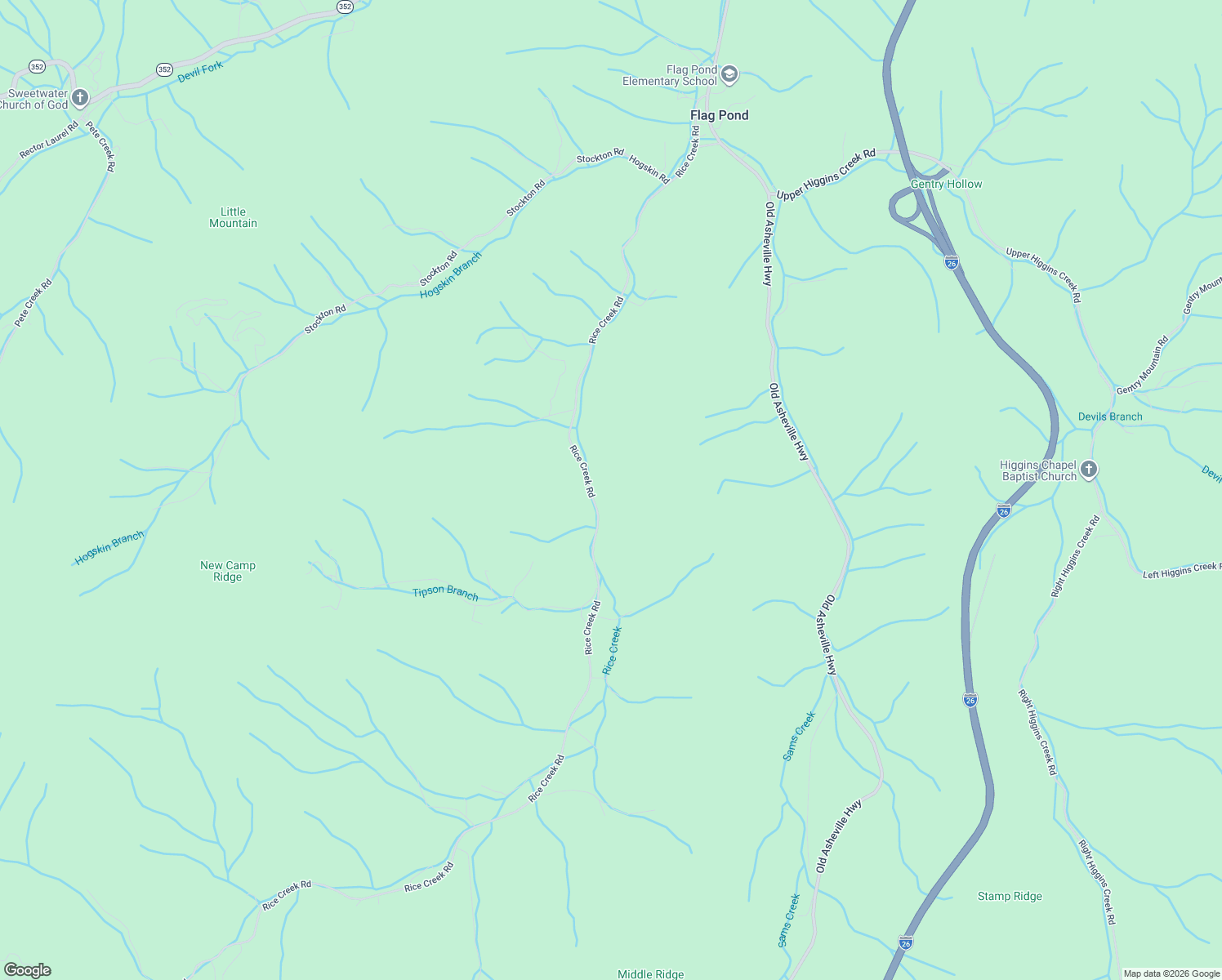 map of restaurants, bars, coffee shops, grocery stores, and more near 103 Rice Creek Road in Flag Pond