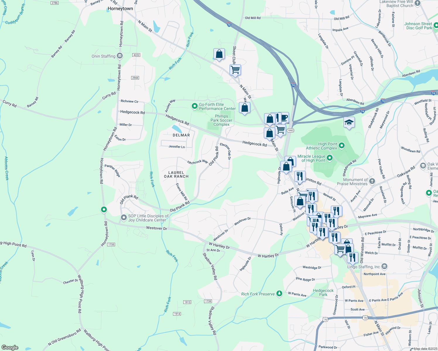 map of restaurants, bars, coffee shops, grocery stores, and more near 5904 Mineral Springs Court in High Point