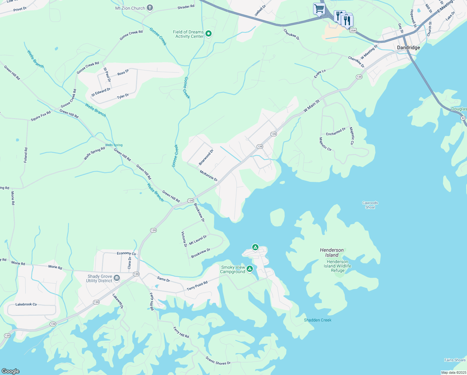 map of restaurants, bars, coffee shops, grocery stores, and more near 1533 Smoky View Drive in Dandridge