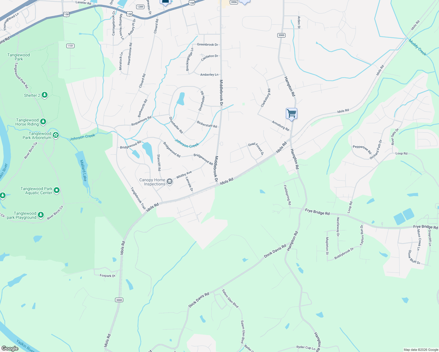 map of restaurants, bars, coffee shops, grocery stores, and more near 6889 Idols Road in Clemmons