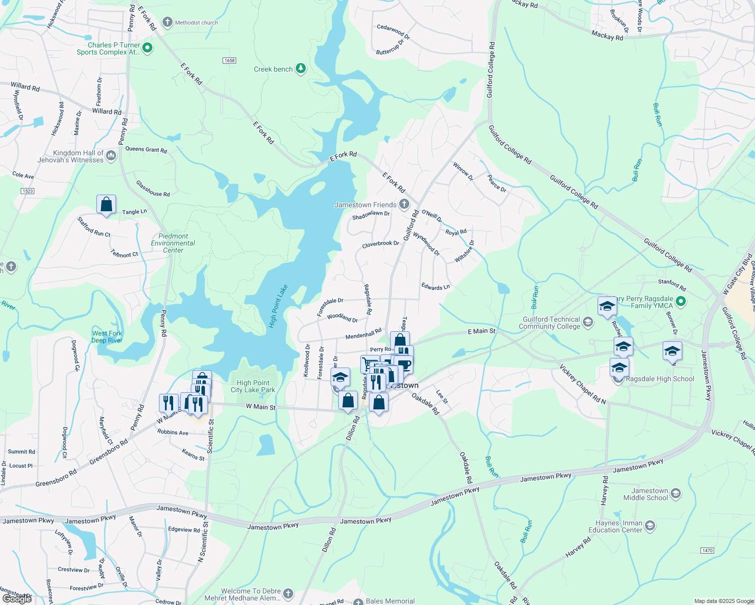 map of restaurants, bars, coffee shops, grocery stores, and more near 602 Forestdale Drive in Jamestown