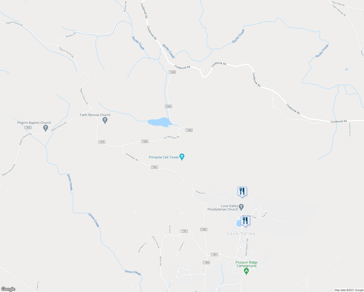 map of restaurants, bars, coffee shops, grocery stores, and more near 729 Fox Mountain Road in Iredell