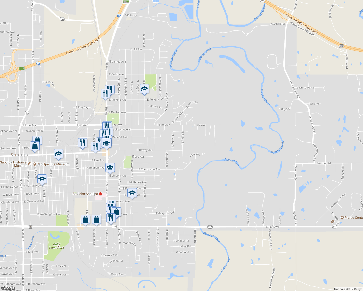 map of restaurants, bars, coffee shops, grocery stores, and more near 1718 East Hobson Avenue in Sapulpa