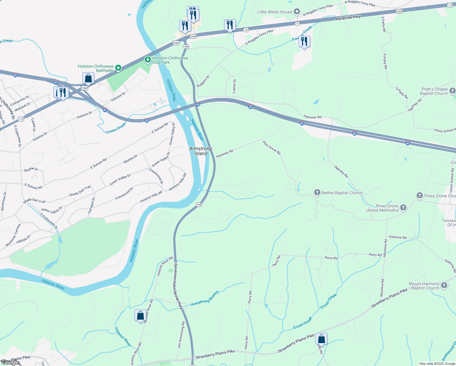 map of restaurants, bars, coffee shops, grocery stores, and more near 5101 Windsor Springs Lane in Knoxville