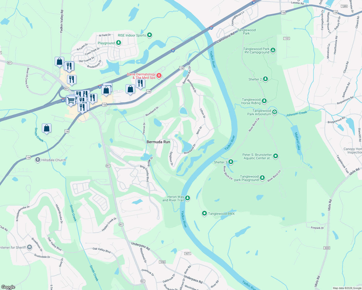 map of restaurants, bars, coffee shops, grocery stores, and more near 600 Riverbend Drive in Advance
