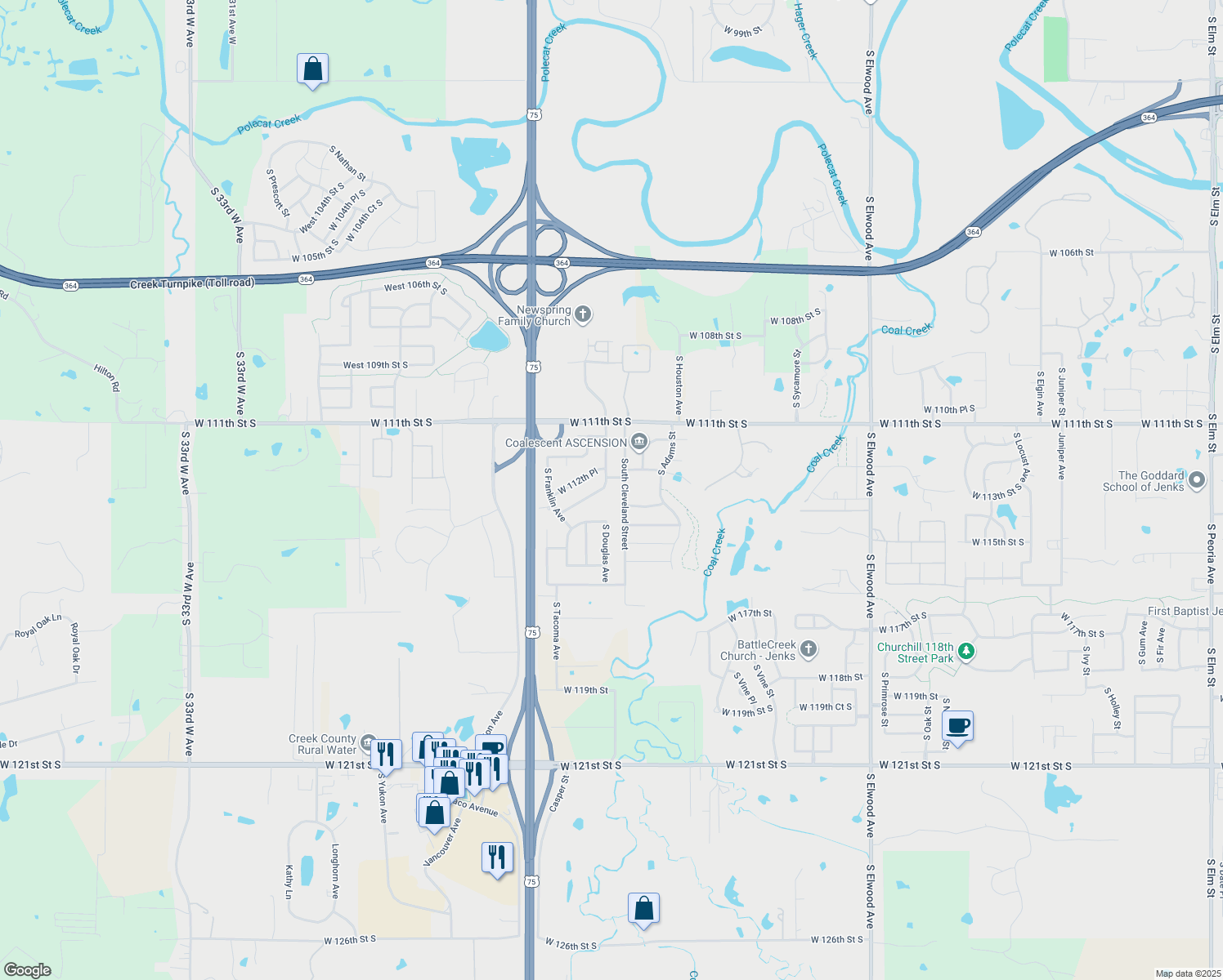 map of restaurants, bars, coffee shops, grocery stores, and more near 11329 South Douglas Avenue in Jenks