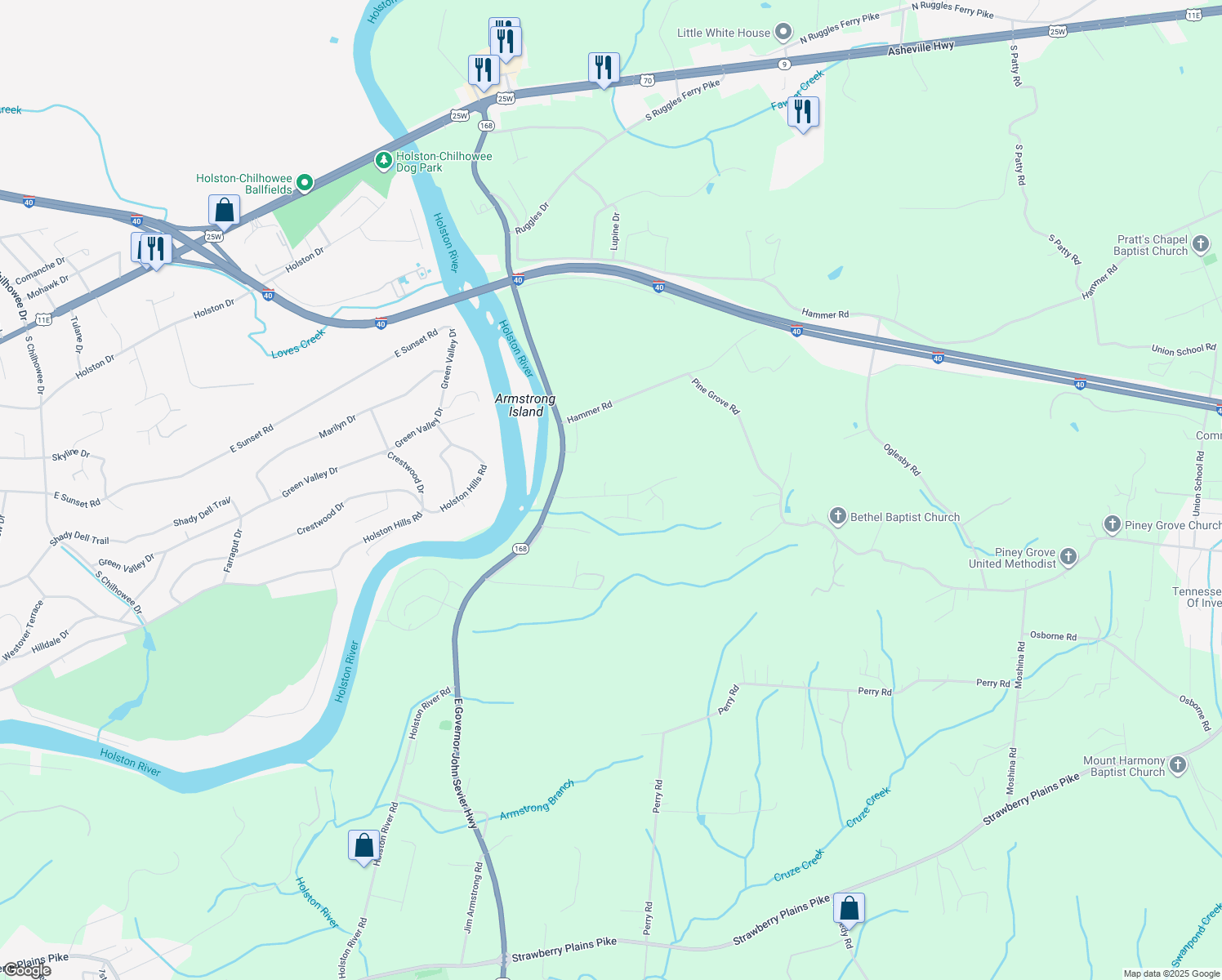 map of restaurants, bars, coffee shops, grocery stores, and more near 5101 Windsor Springs Lane in Knoxville