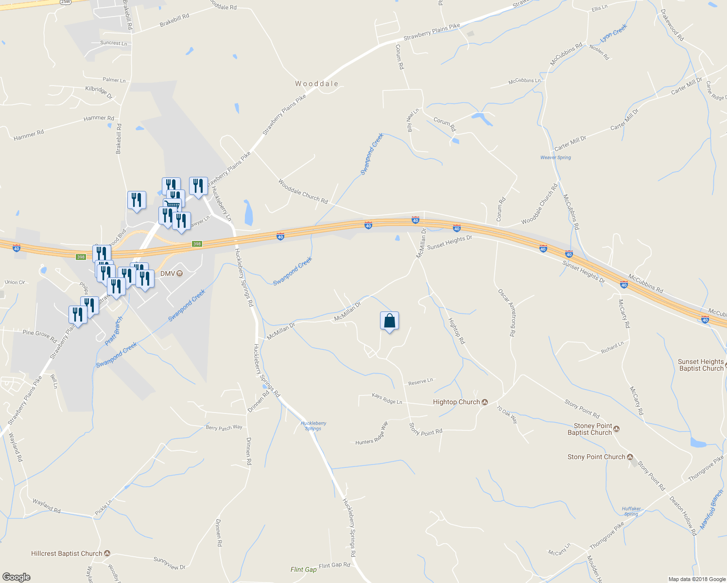 map of restaurants, bars, coffee shops, grocery stores, and more near 7745 McMillan Drive in Knoxville