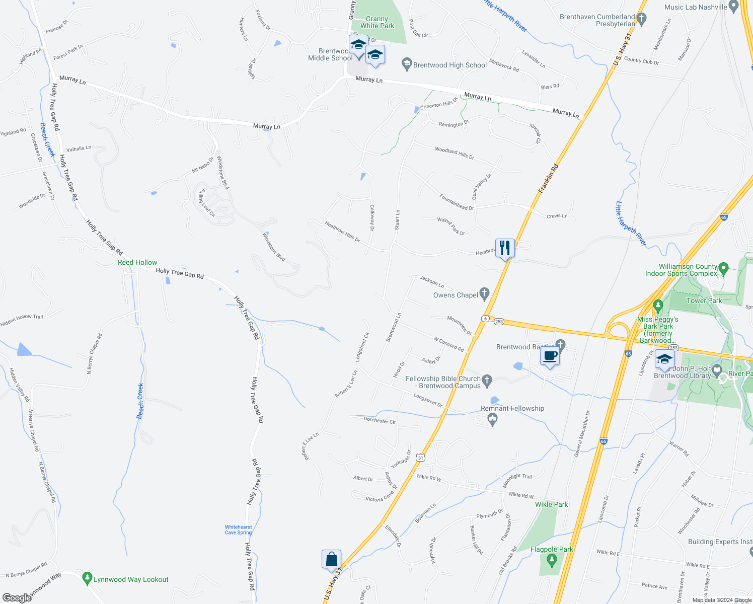 map of restaurants, bars, coffee shops, grocery stores, and more near 5115 West Concord Road in Brentwood
