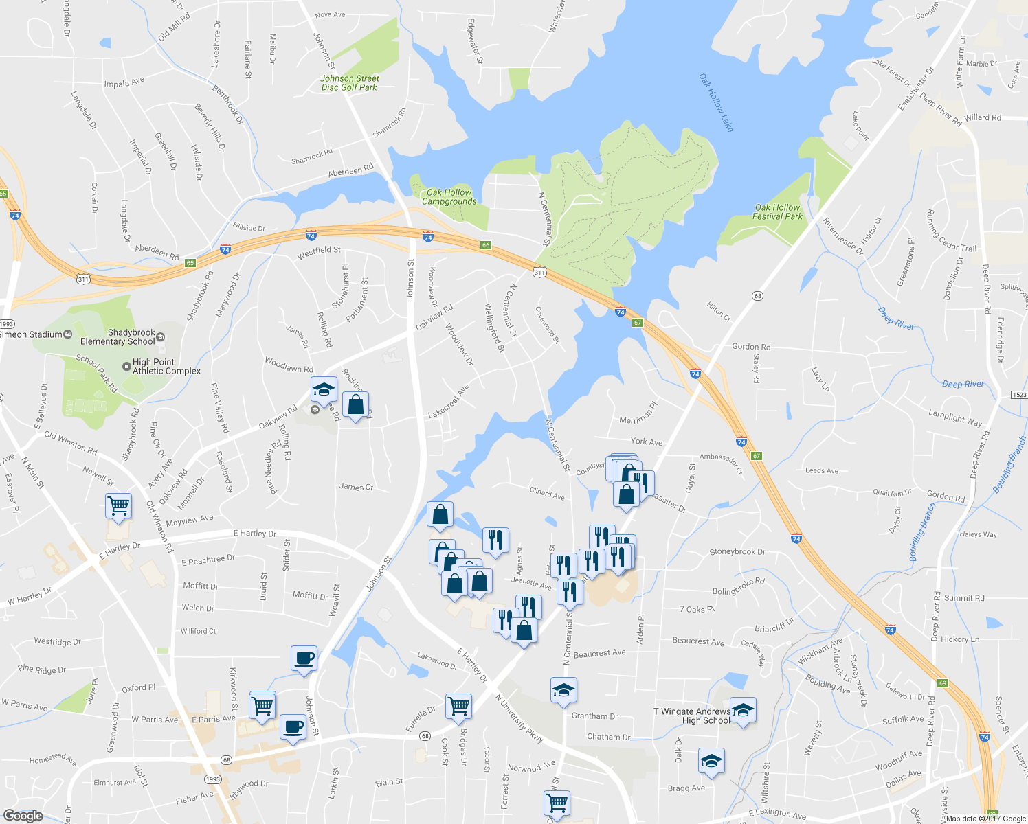 map of restaurants, bars, coffee shops, grocery stores, and more near 3001 Wellingford Street in High Point
