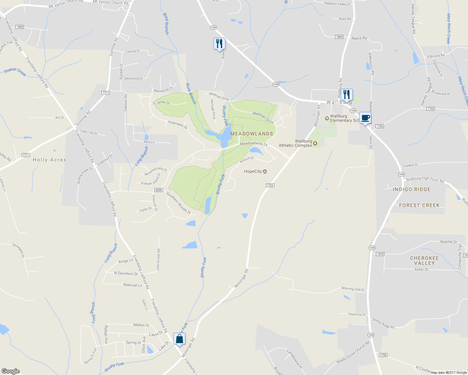 map of restaurants, bars, coffee shops, grocery stores, and more near 121 Rannoch Court in Winston-Salem