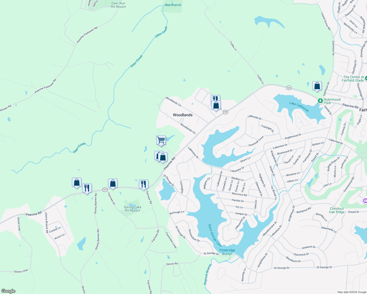 map of restaurants, bars, coffee shops, grocery stores, and more near 5163 Peavine Road in Crossville