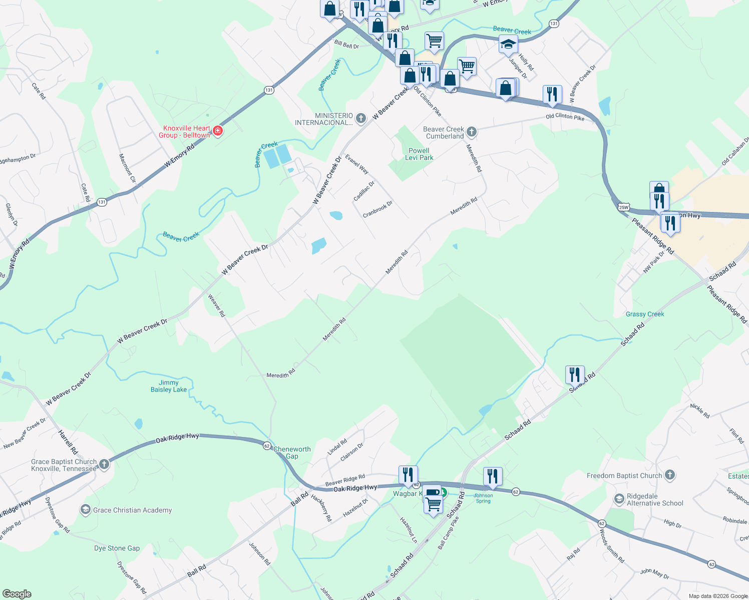 map of restaurants, bars, coffee shops, grocery stores, and more near 4508 Meredith Road in Knoxville