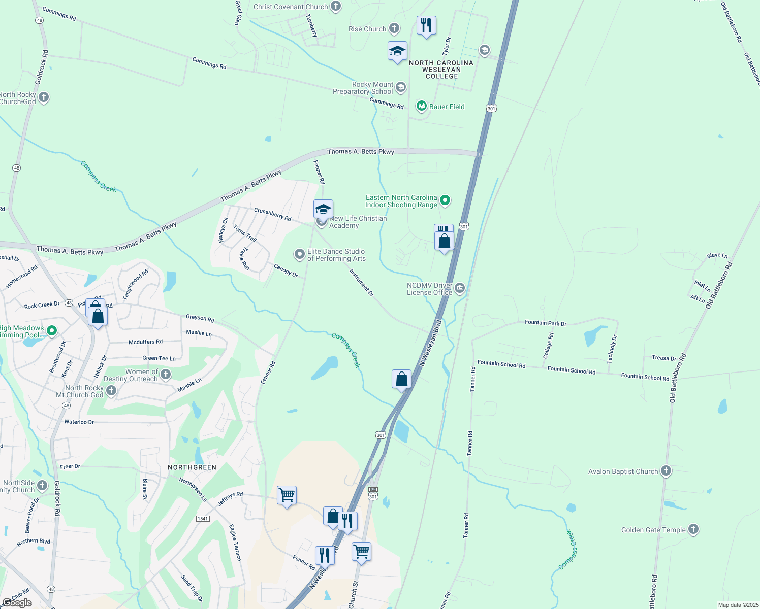 map of restaurants, bars, coffee shops, grocery stores, and more near 425 Instrument Drive in Rocky Mount