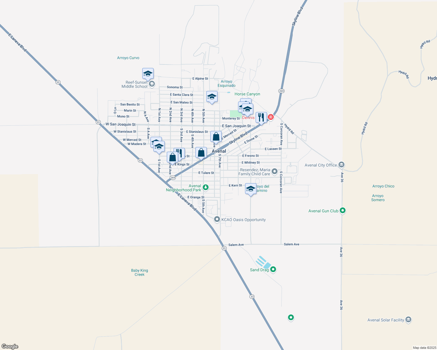 map of restaurants, bars, coffee shops, grocery stores, and more near 608 E Tulare St in Avenal