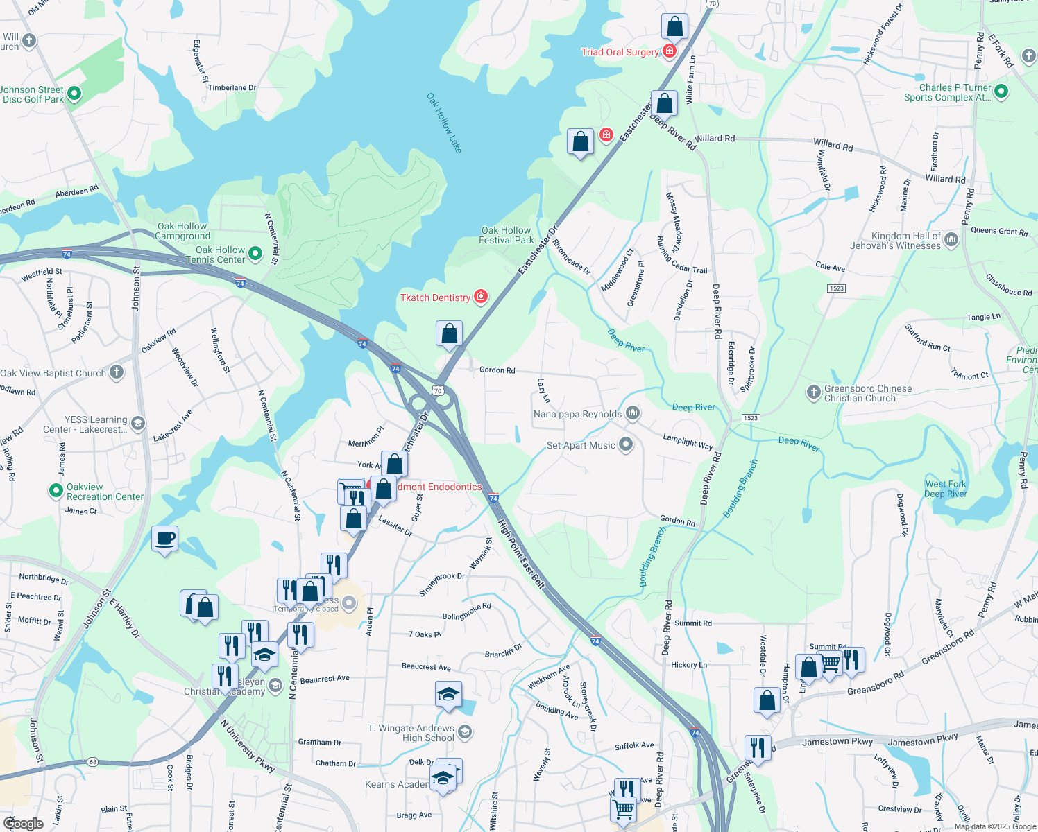 map of restaurants, bars, coffee shops, grocery stores, and more near 2732 Red Run Court in High Point