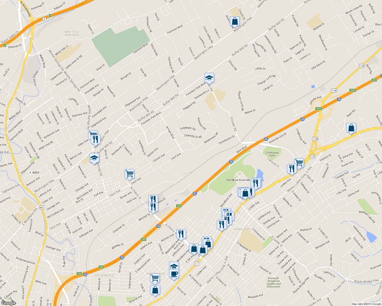 map of restaurants, bars, coffee shops, grocery stores, and more near 3148 Wilderness Road Northeast in Knoxville