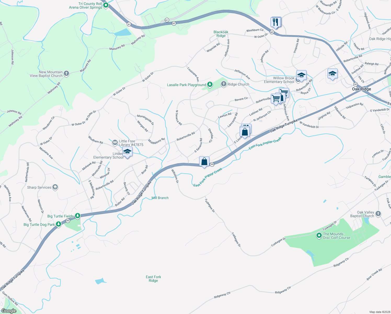 map of restaurants, bars, coffee shops, grocery stores, and more near 28 Lindale Lane in Oak Ridge