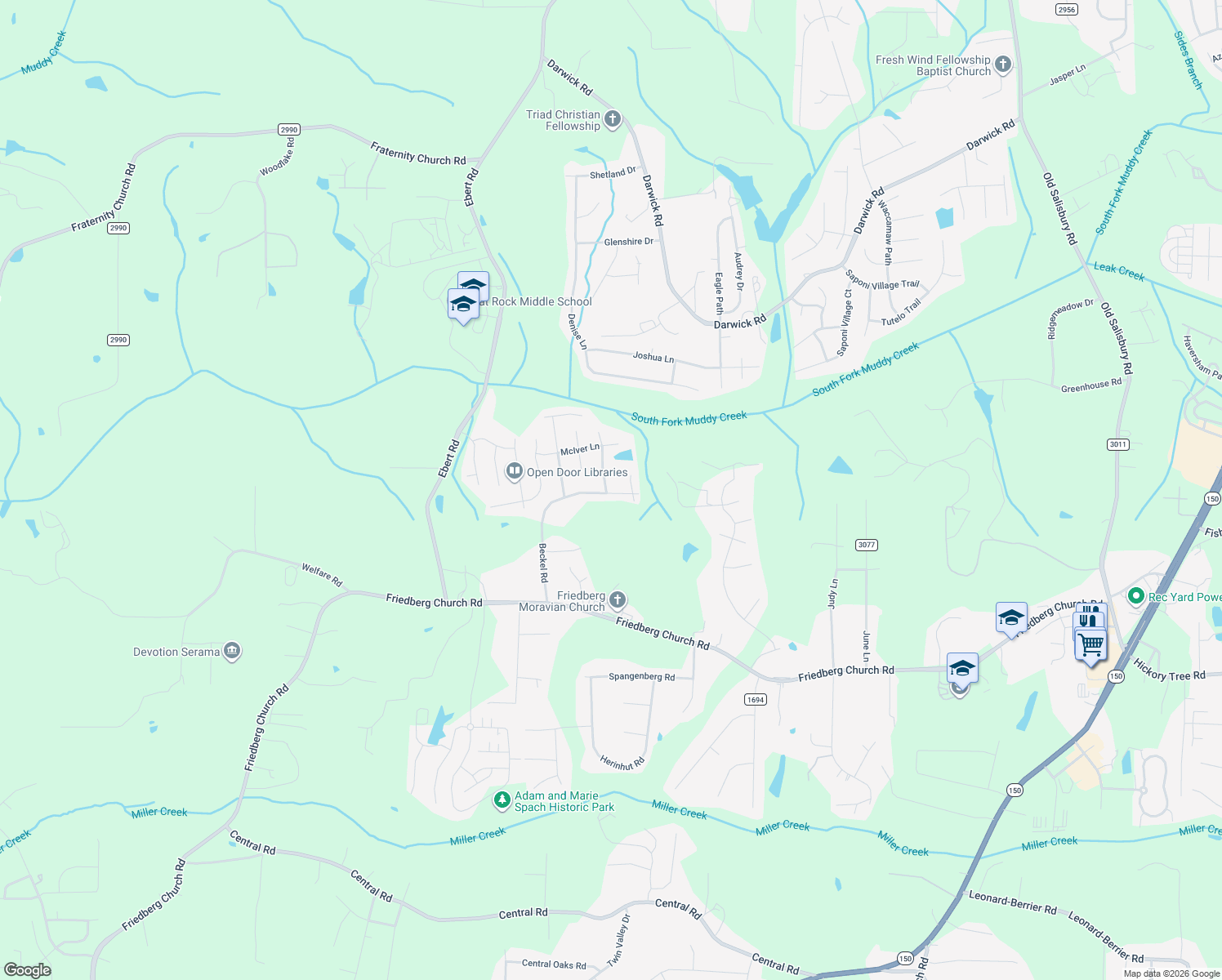 map of restaurants, bars, coffee shops, grocery stores, and more near 4775 Beckel Court in Winston-Salem